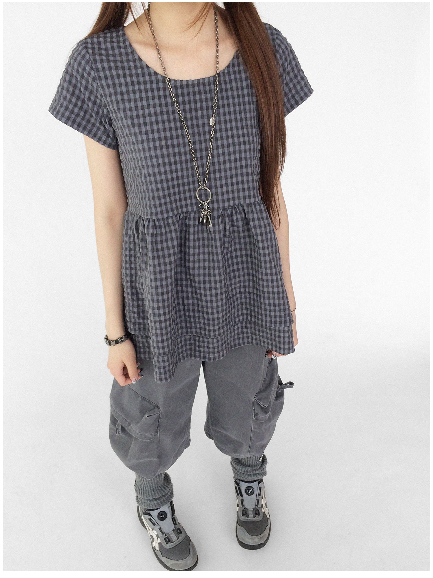 innomoood Oversized Plaid Textured A Line Dress With Double Hem