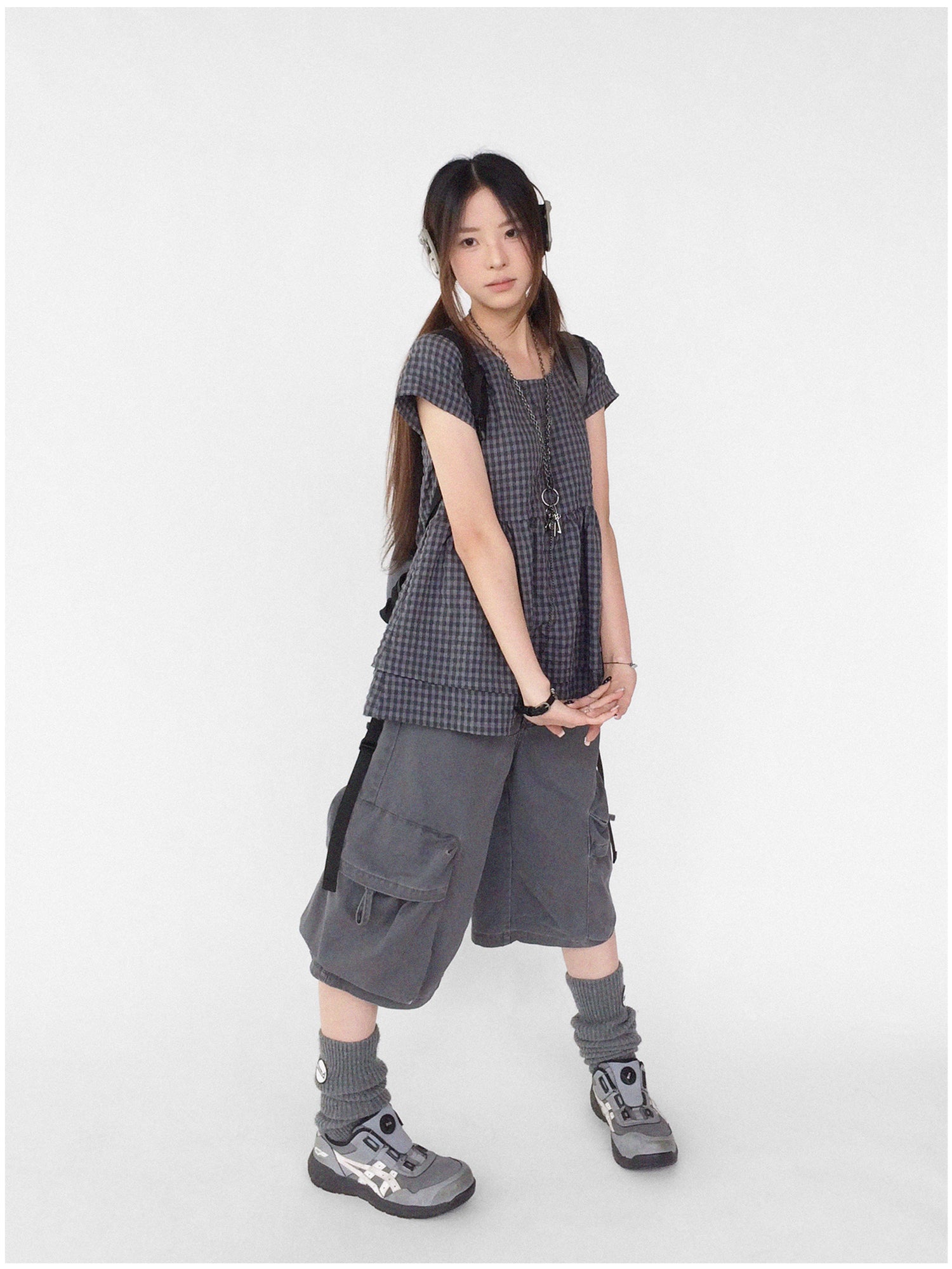 innomoood Oversized Plaid Textured A Line Dress With Double Hem