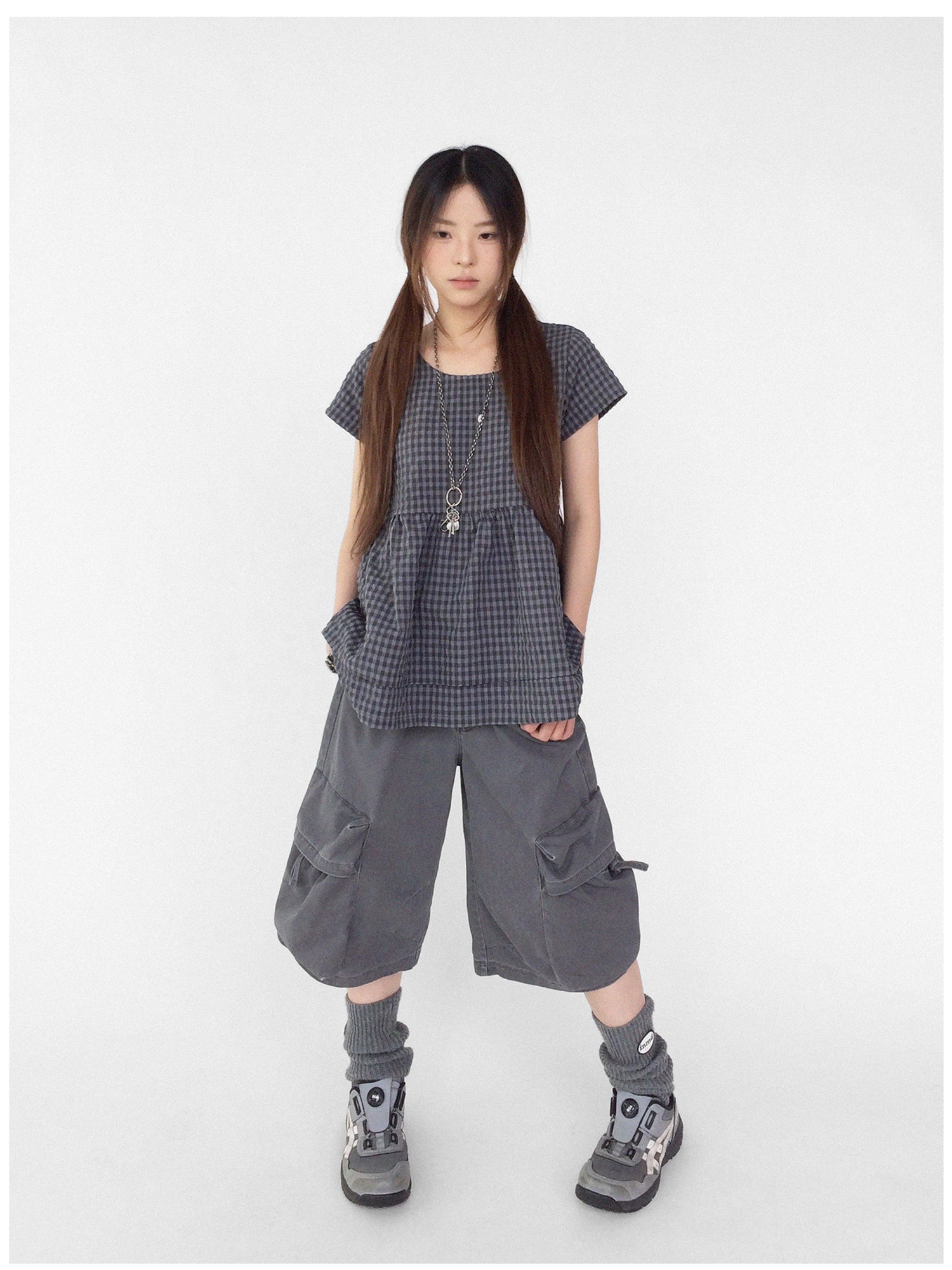 innomoood Oversized Plaid Textured A Line Dress With Double Hem