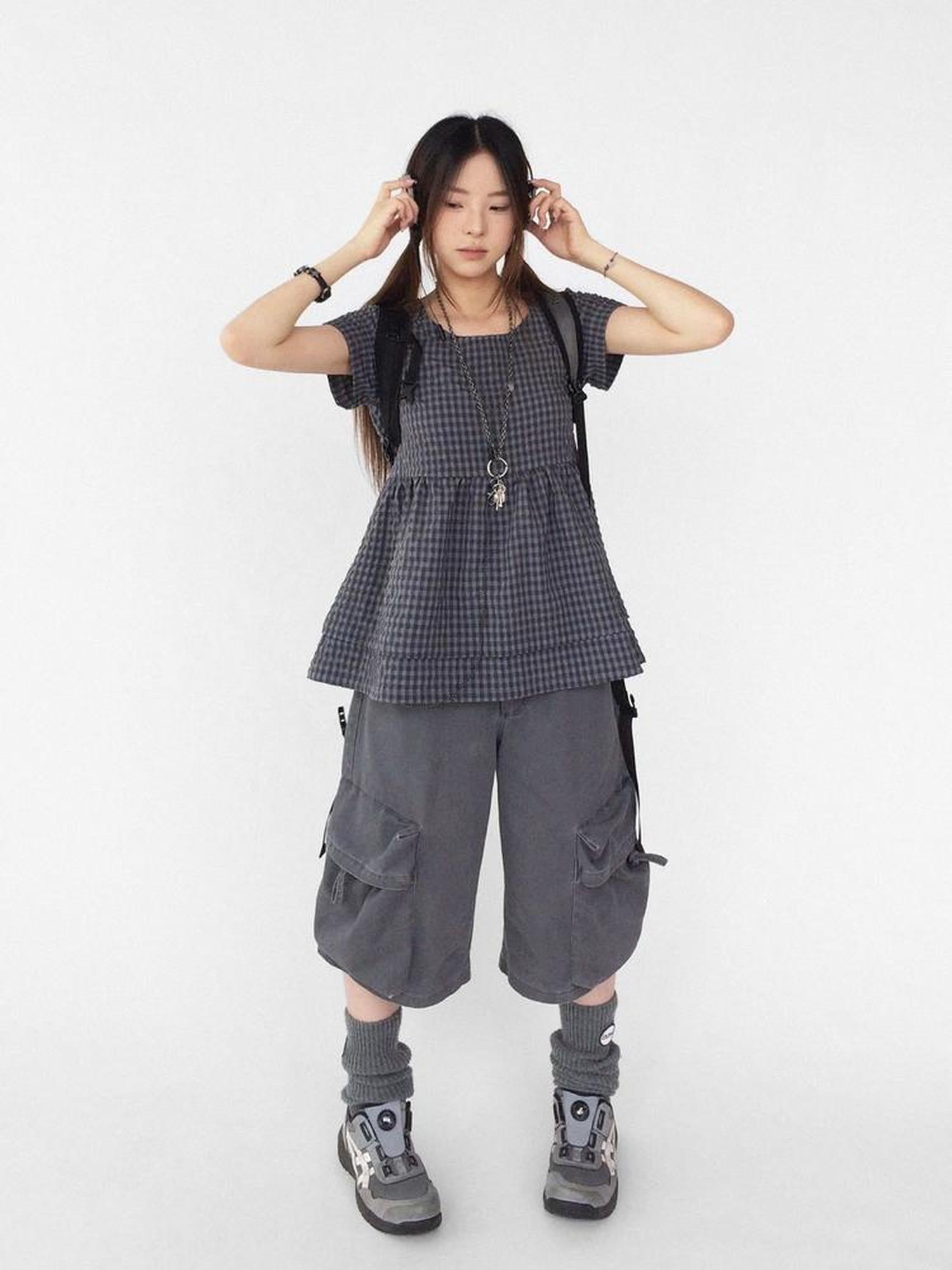 innomoood Oversized Plaid Textured A Line Dress With Double Hem