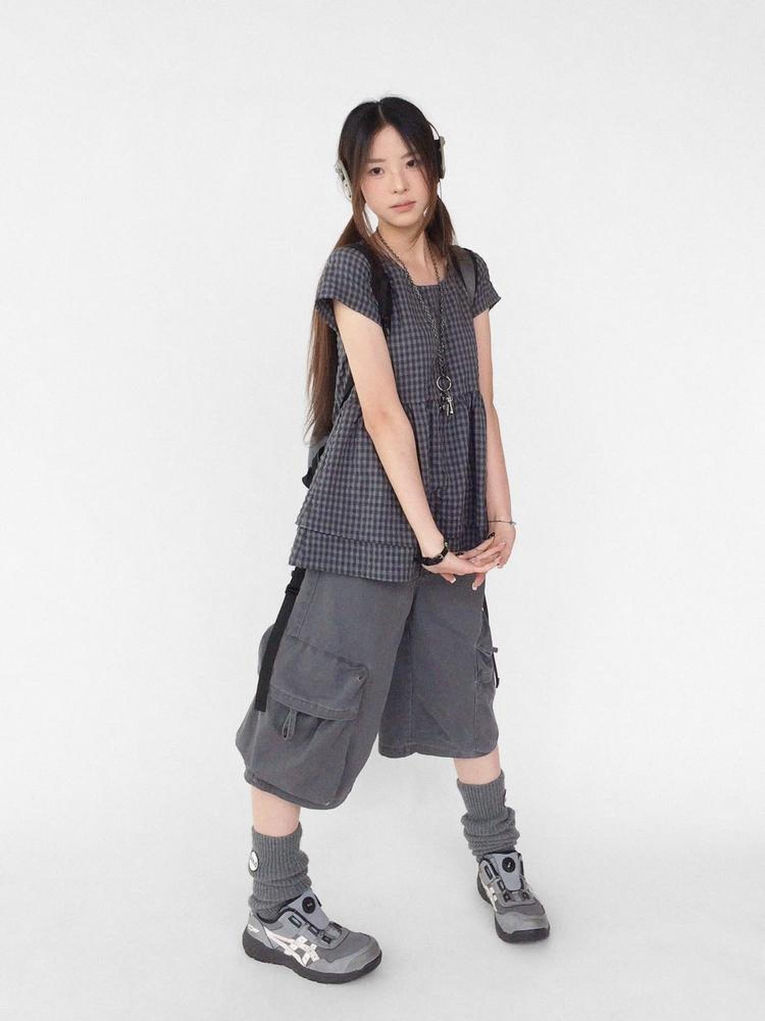 innomoood Oversized Plaid Textured A Line Dress With Double Hem
