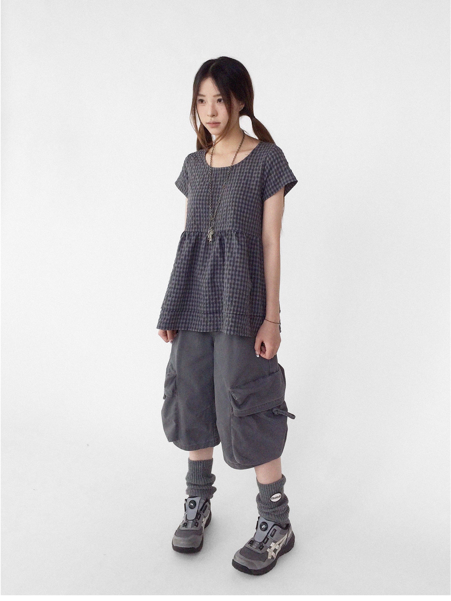innomoood Oversized Plaid Textured A Line Dress With Double Hem