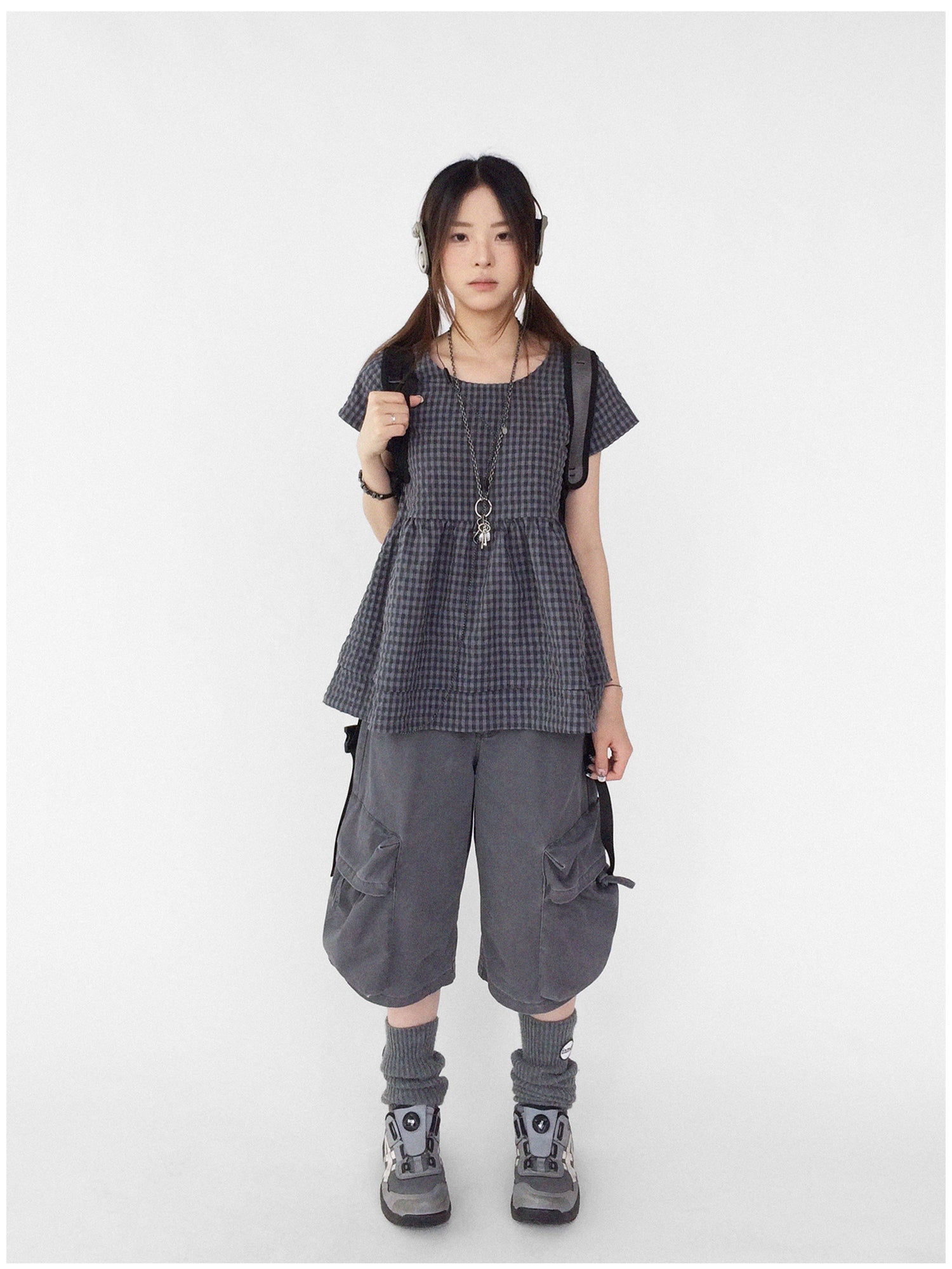 innomoood Oversized Plaid Textured A Line Dress With Double Hem