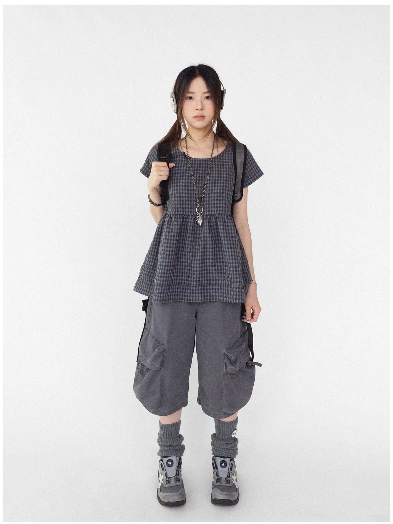 Oversized Plaid Textured A Line Dress With Double Hem