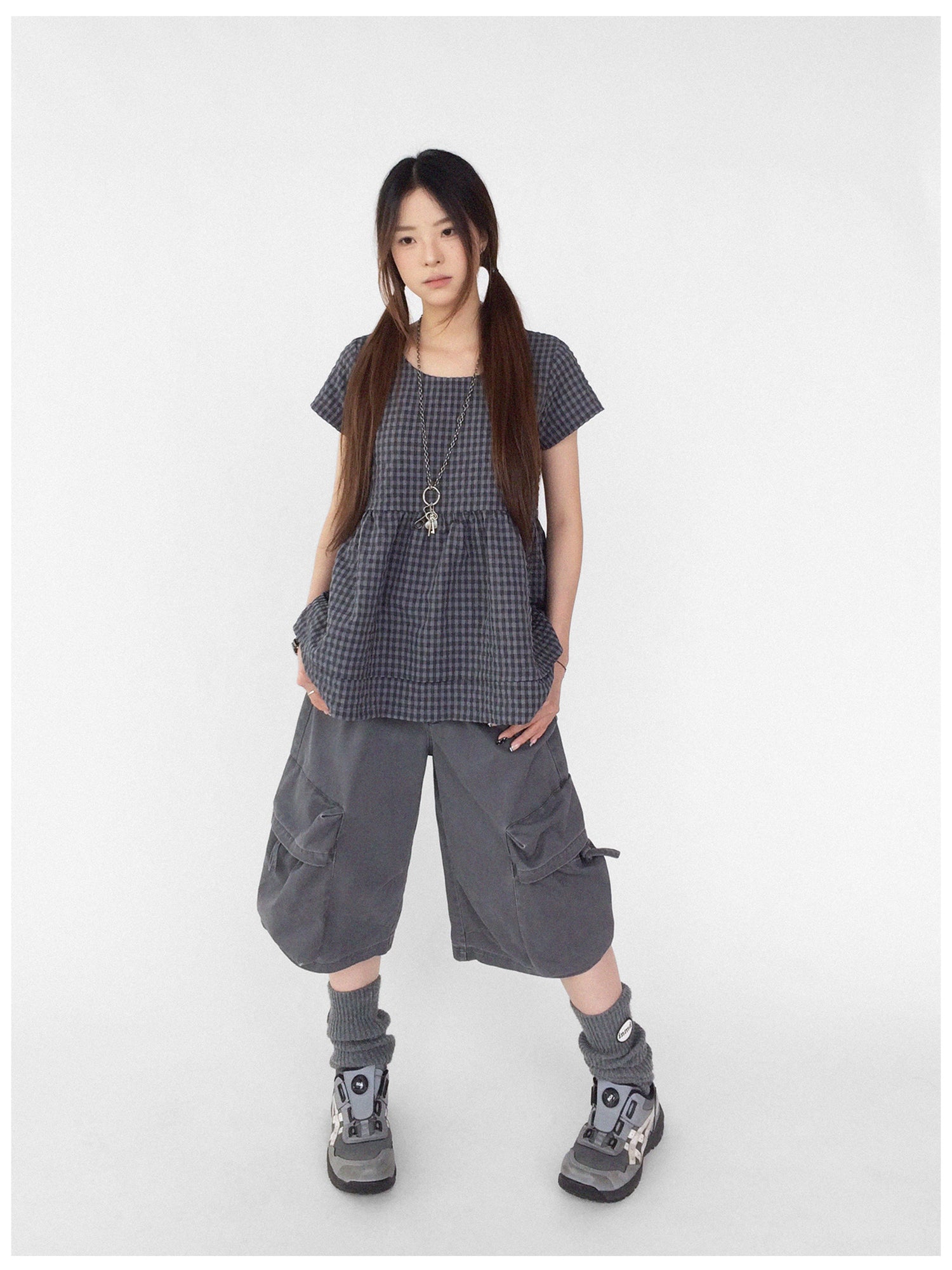 innomoood Oversized Plaid Textured A Line Dress With Double Hem