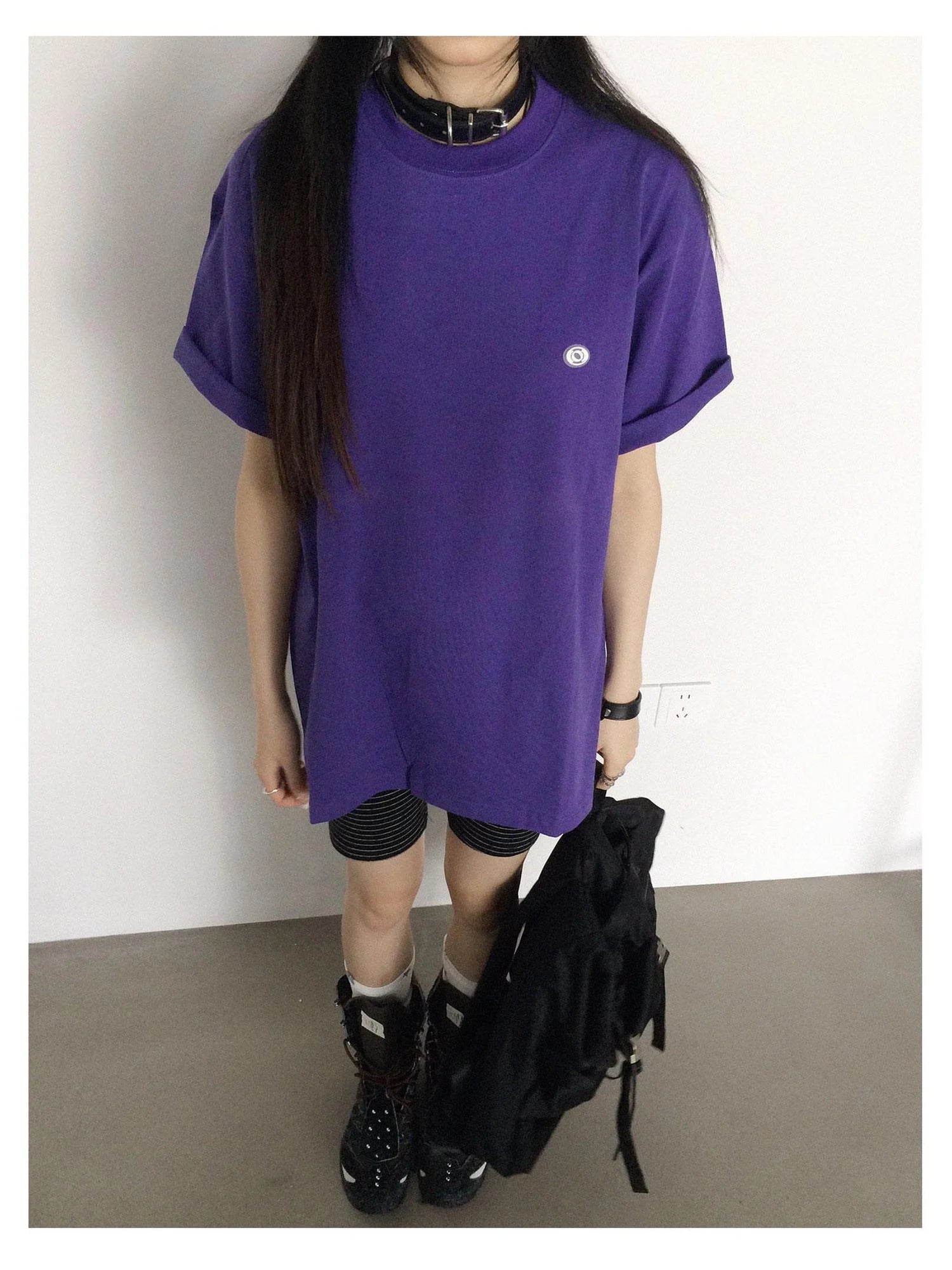 Oversized Purple Cotton Tee With Minimalist Logo