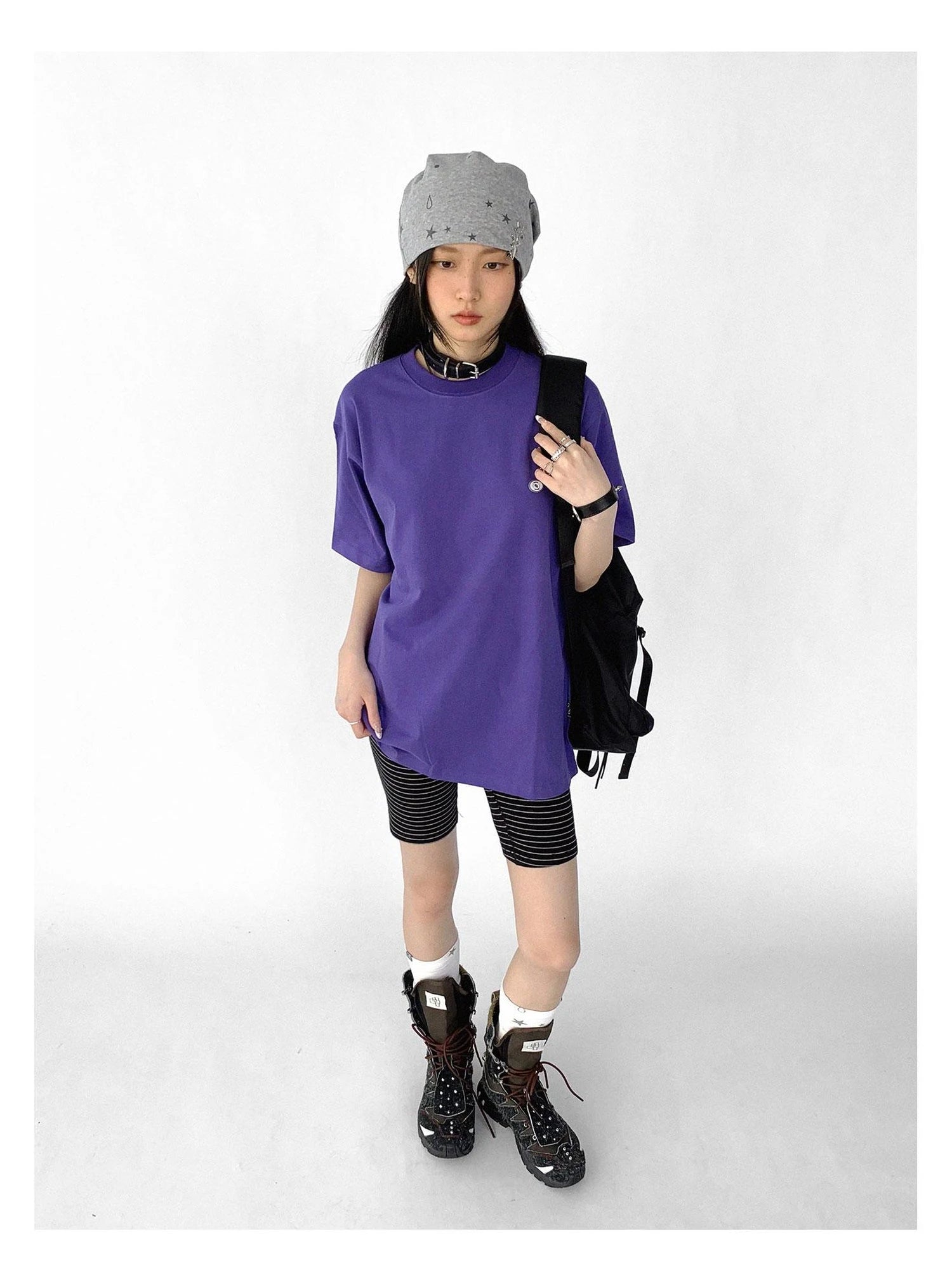 Oversized Purple Cotton Tee With Minimalist Logo