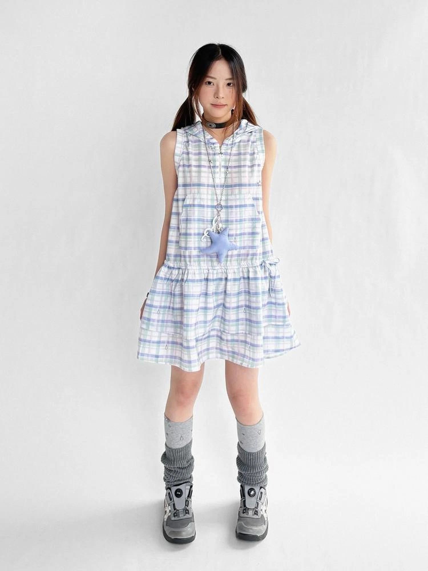 Oxygen Grid Hooded Sleeveless A-Line Drawstring Mini Dress