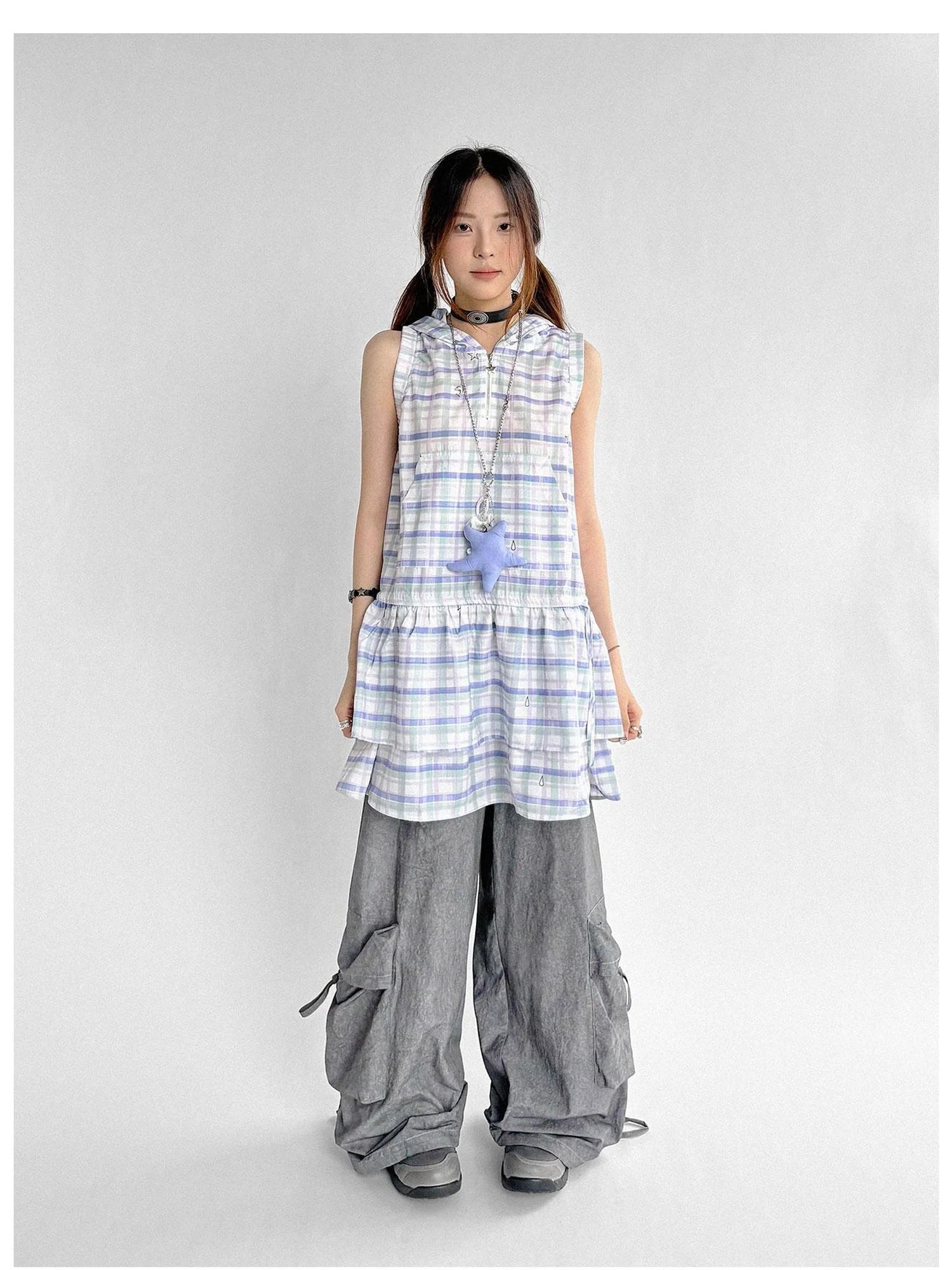 Oxygen Grid Hooded Sleeveless A-Line Drawstring Mini Dress