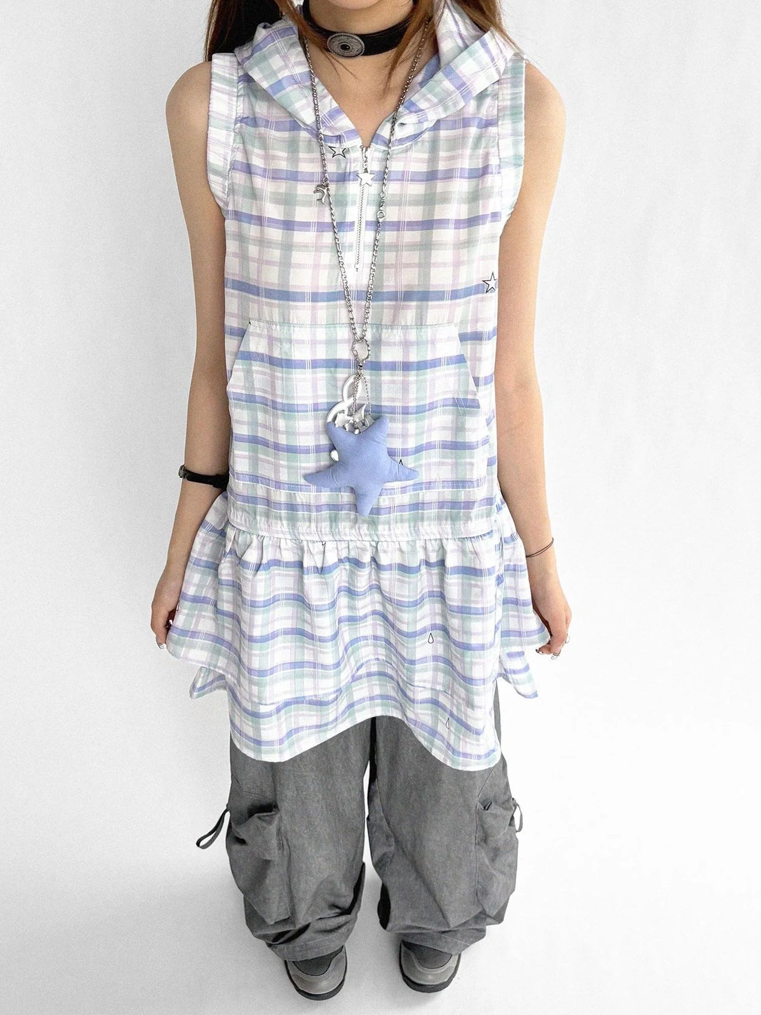 Oxygen Grid Hooded Sleeveless A-Line Drawstring Mini Dress