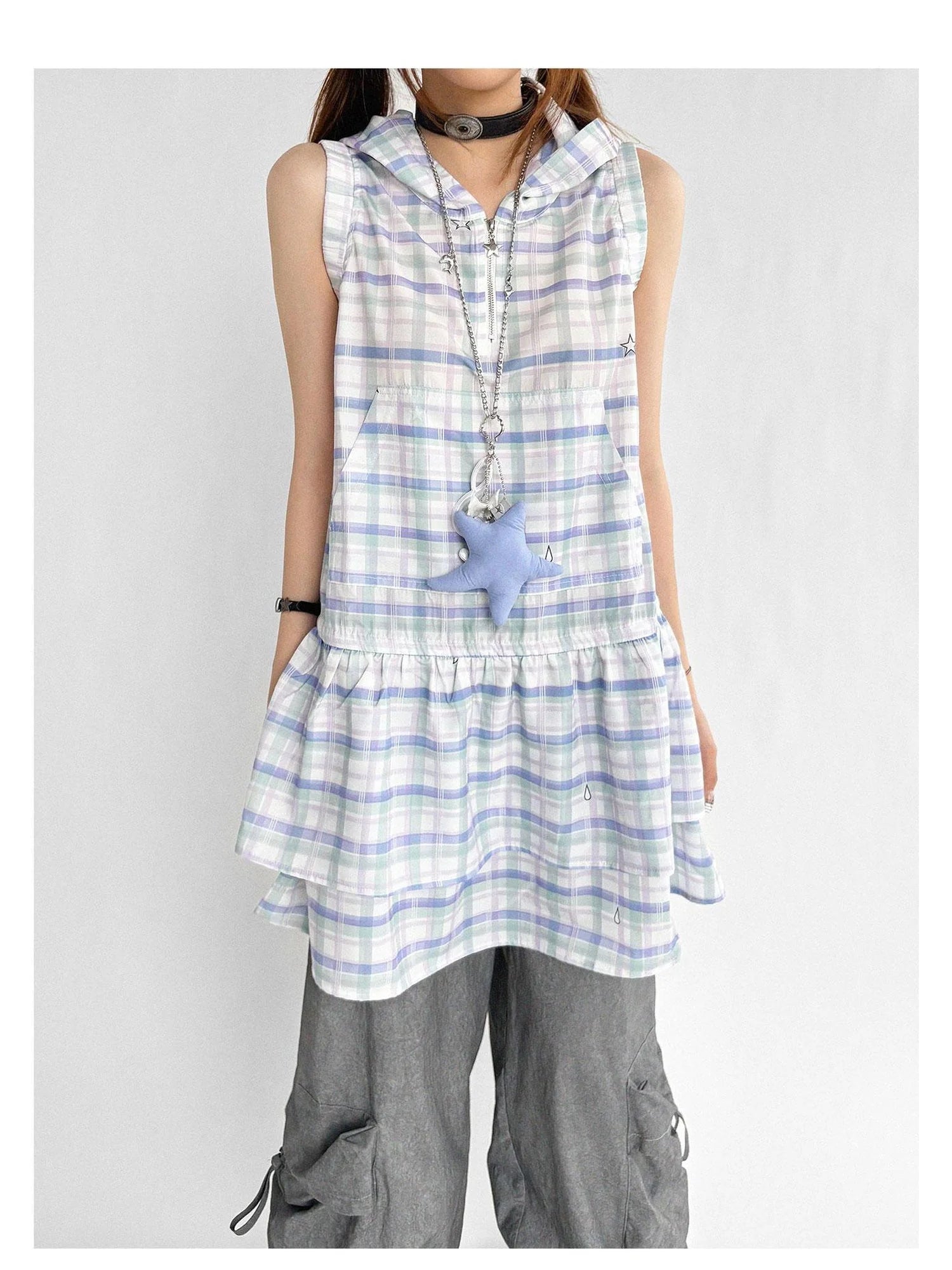 Oxygen Grid Hooded Sleeveless A-Line Drawstring Mini Dress