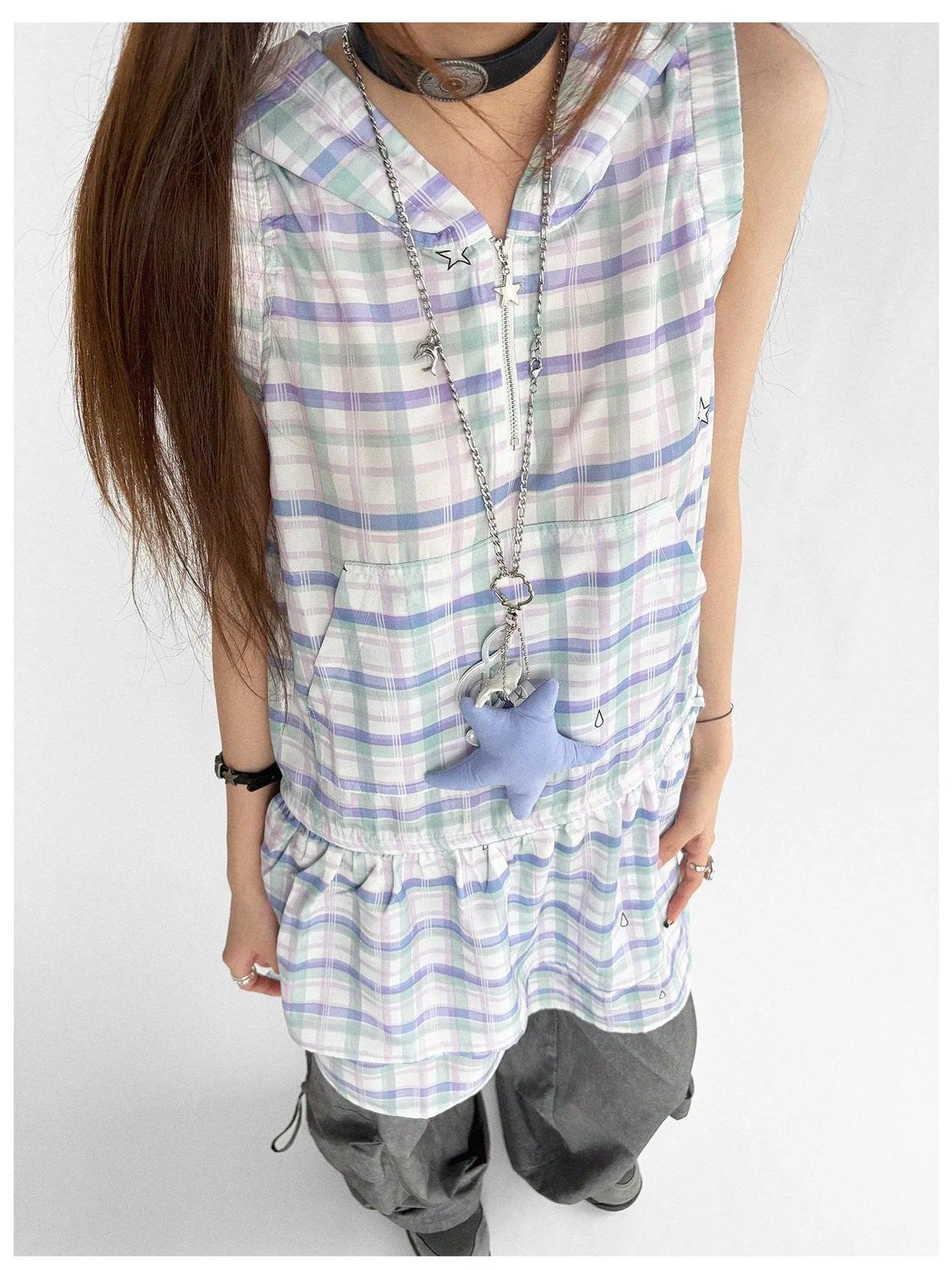 Oxygen Grid Hooded Sleeveless A-Line Drawstring Mini Dress