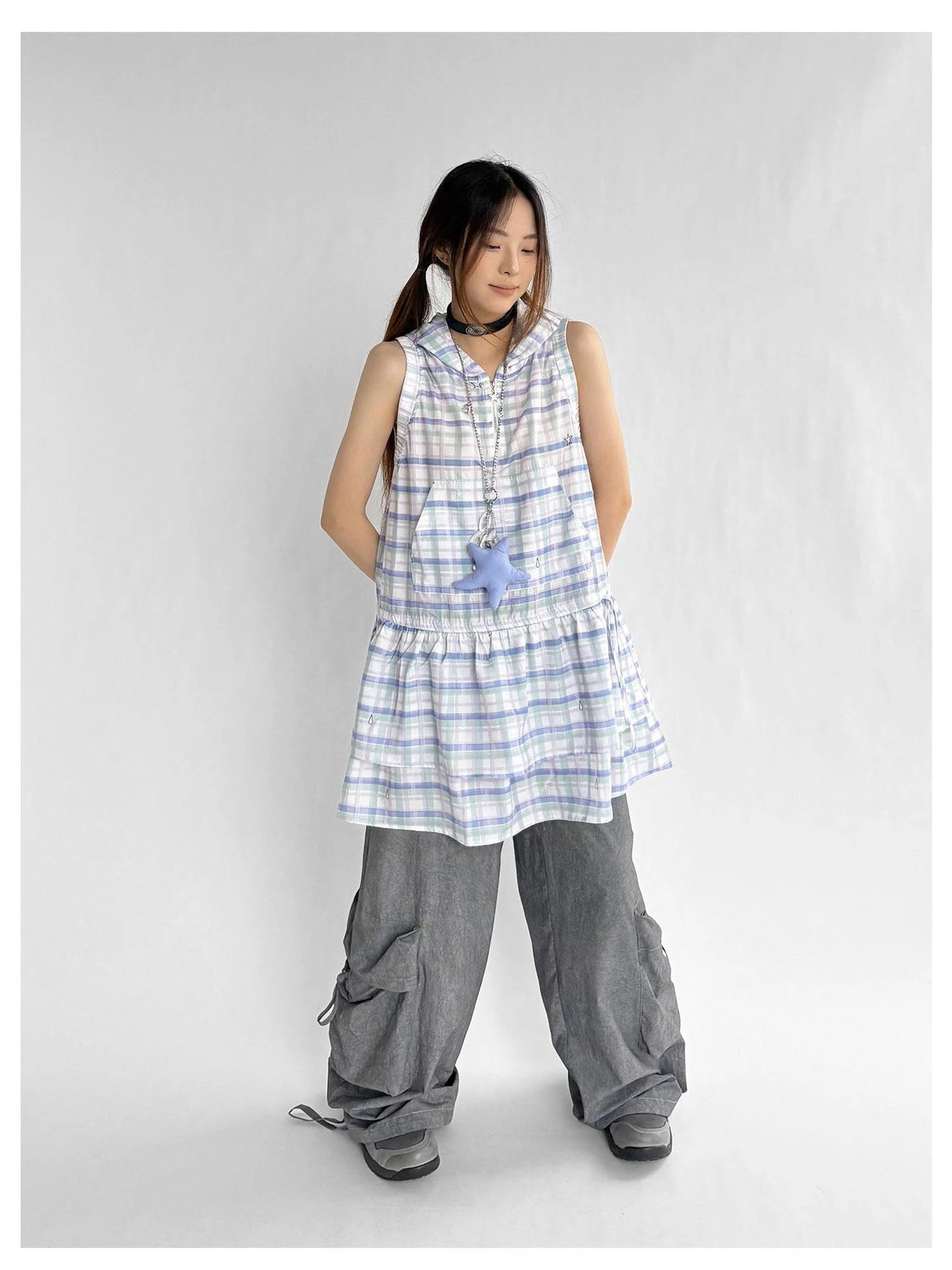 Oxygen Grid Hooded Sleeveless A-Line Drawstring Mini Dress