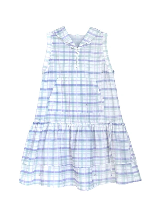 Oxygen Grid Hooded Sleeveless A-Line Drawstring Mini Dress