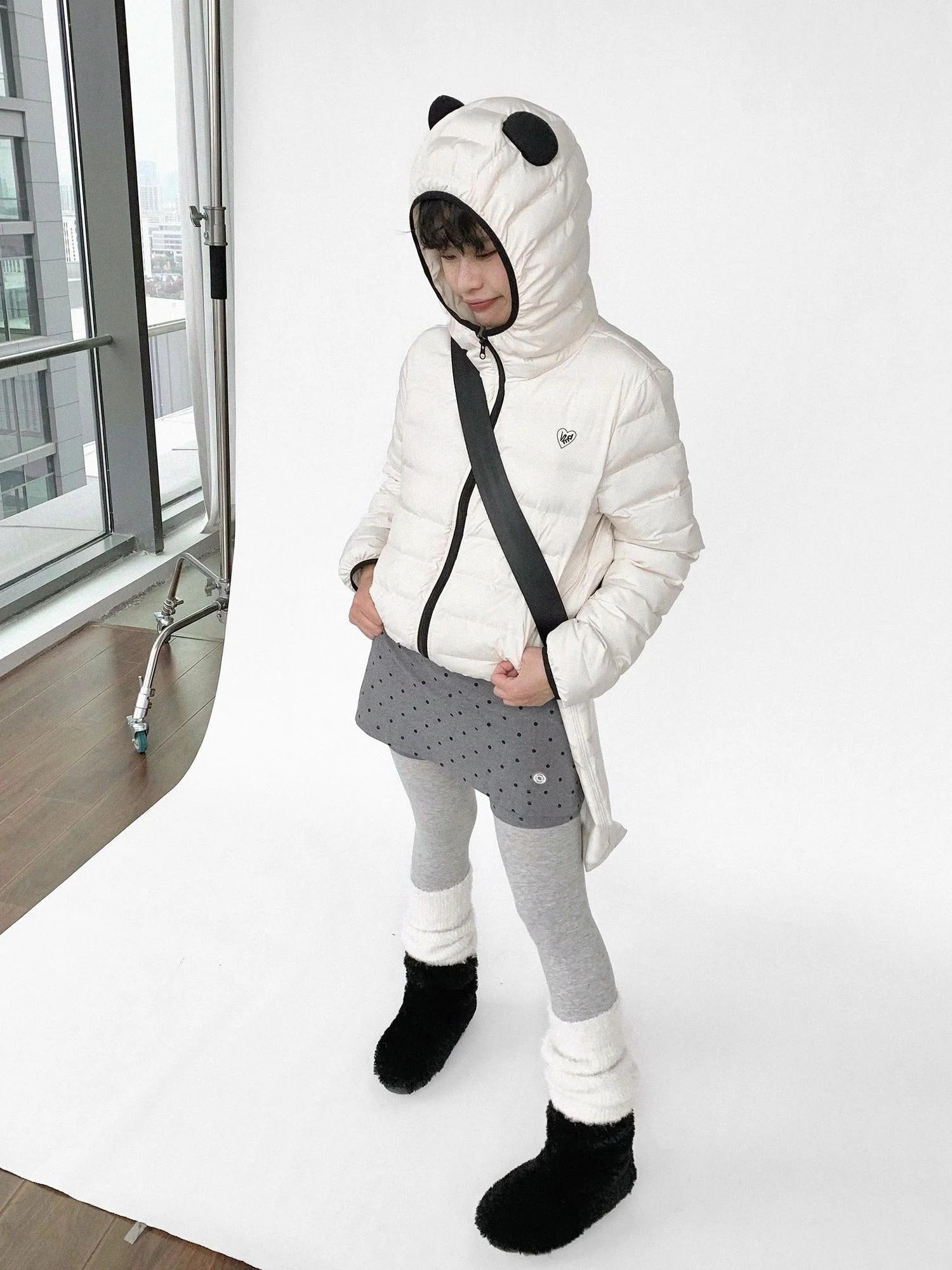 Panda Ear Rib Cotton Hooded Short Jacket