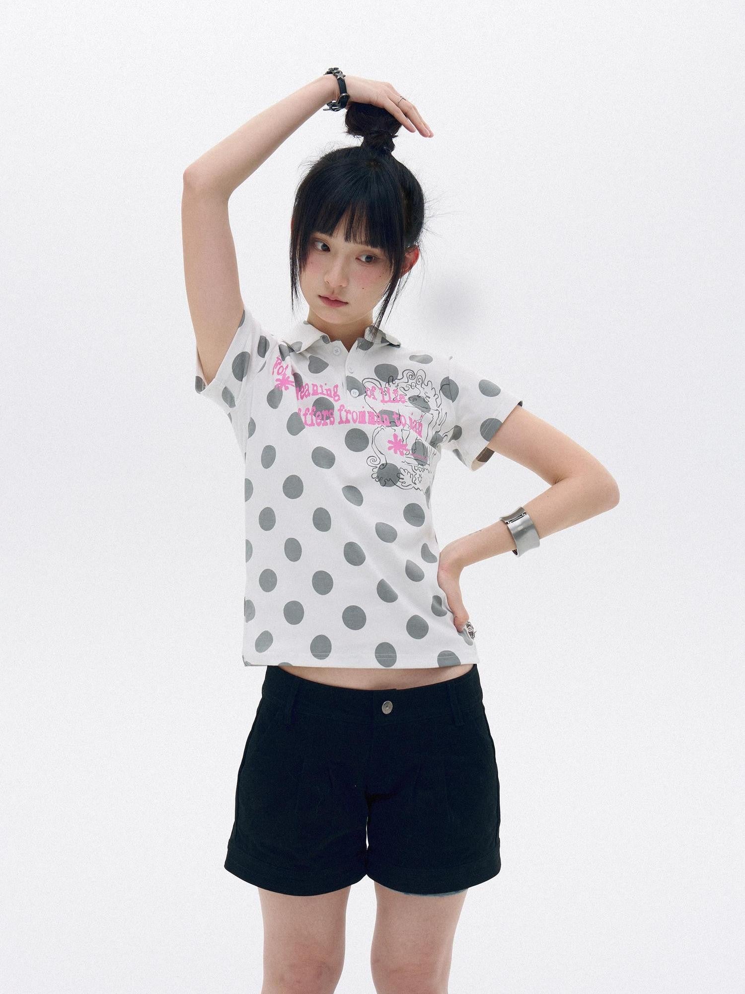 innomoood Pearl Polka Dot Contrast Print Henley Collar Women&