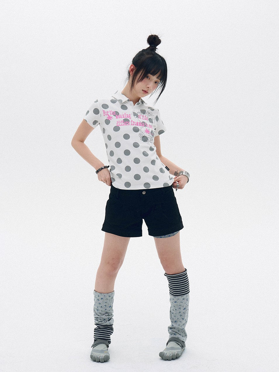 innomoood Pearl Polka Dot Contrast Print Henley Collar Women&