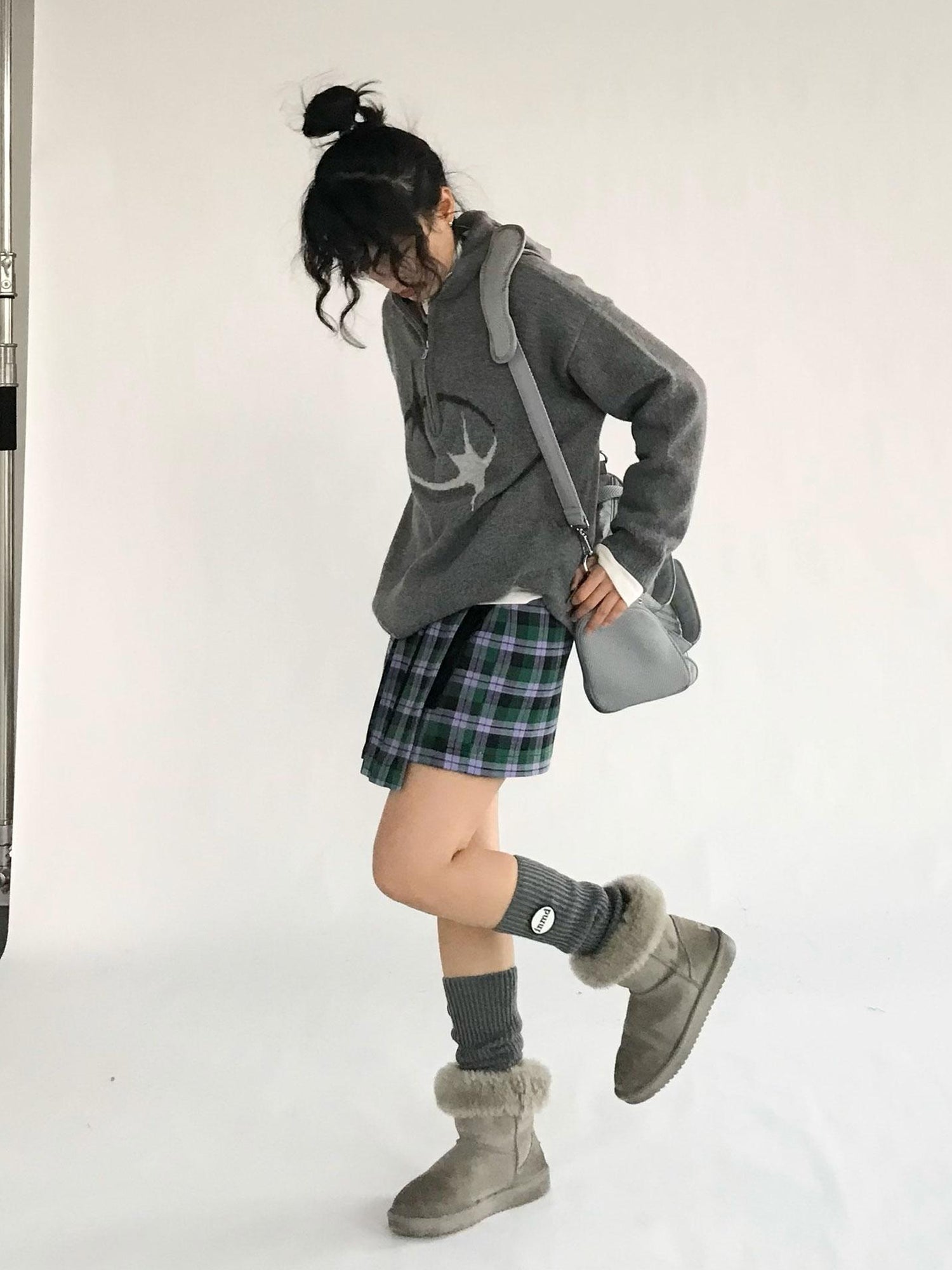 innomoood Plaid Wrap Skirt with Velvet Belt