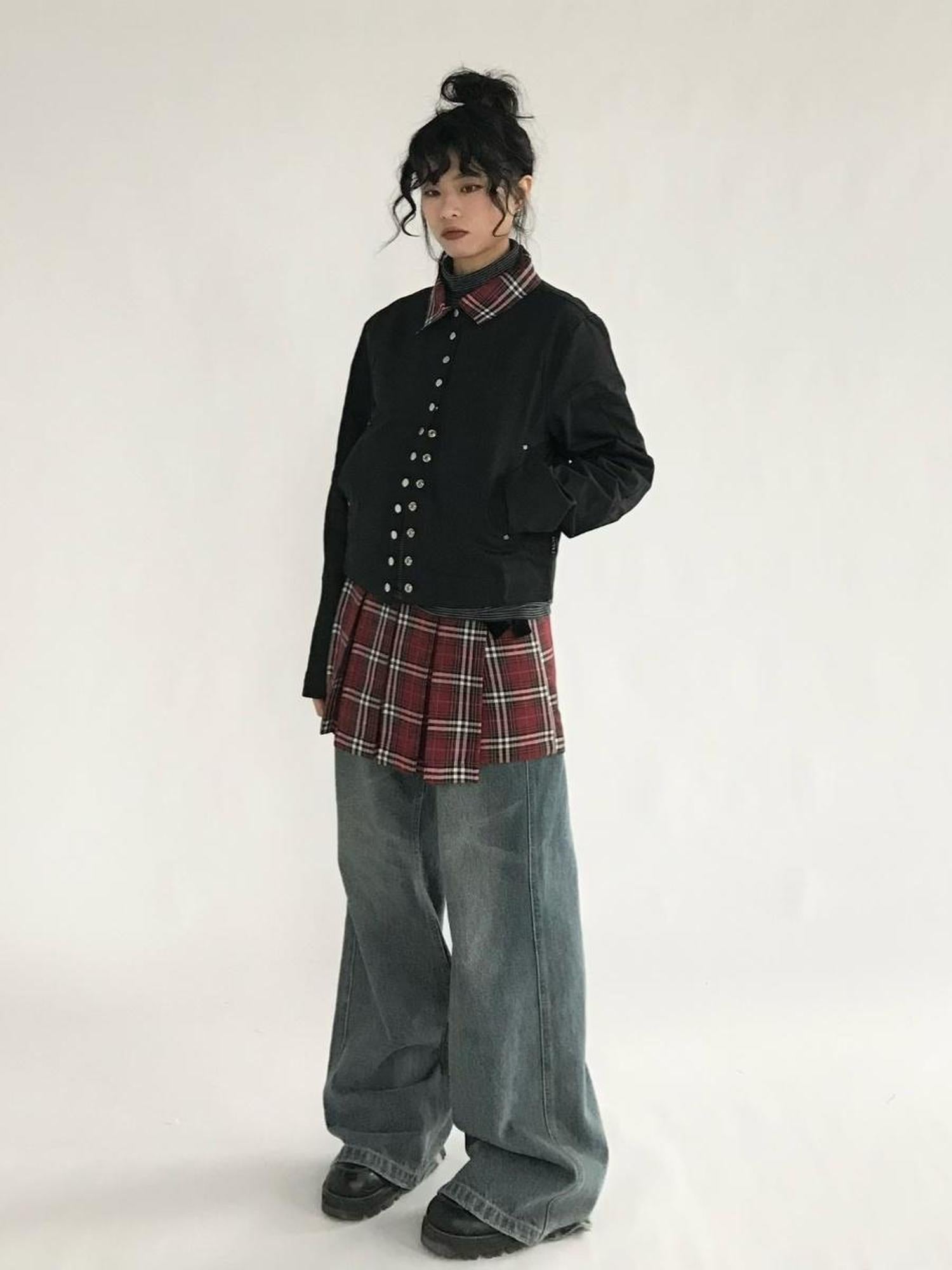 innomoood Plaid Wrap Skirt with Velvet Belt