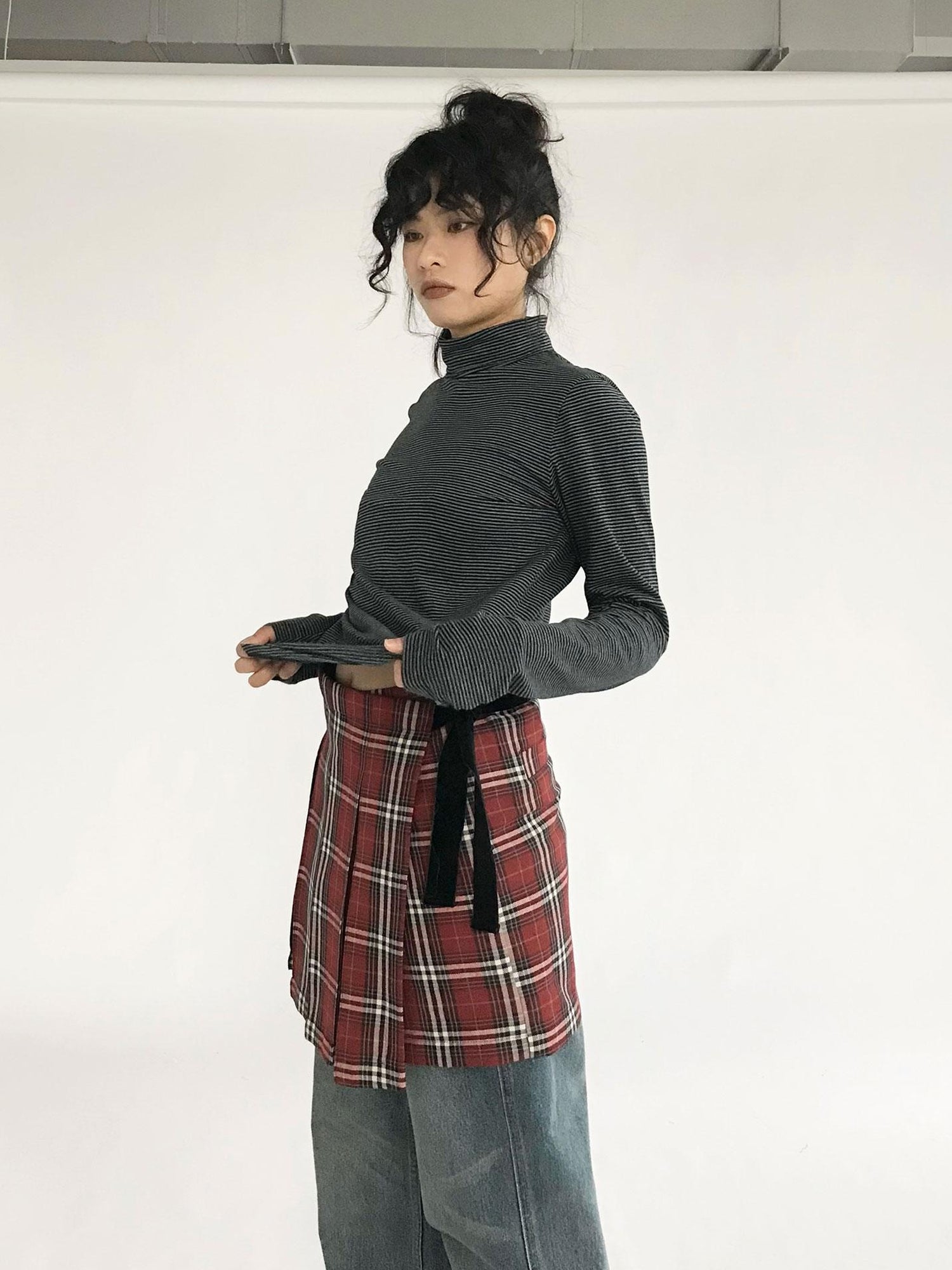 innomoood Plaid Wrap Skirt with Velvet Belt