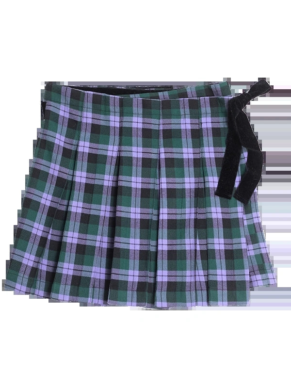 Plaid Wrap Skirt with Velvet Belt