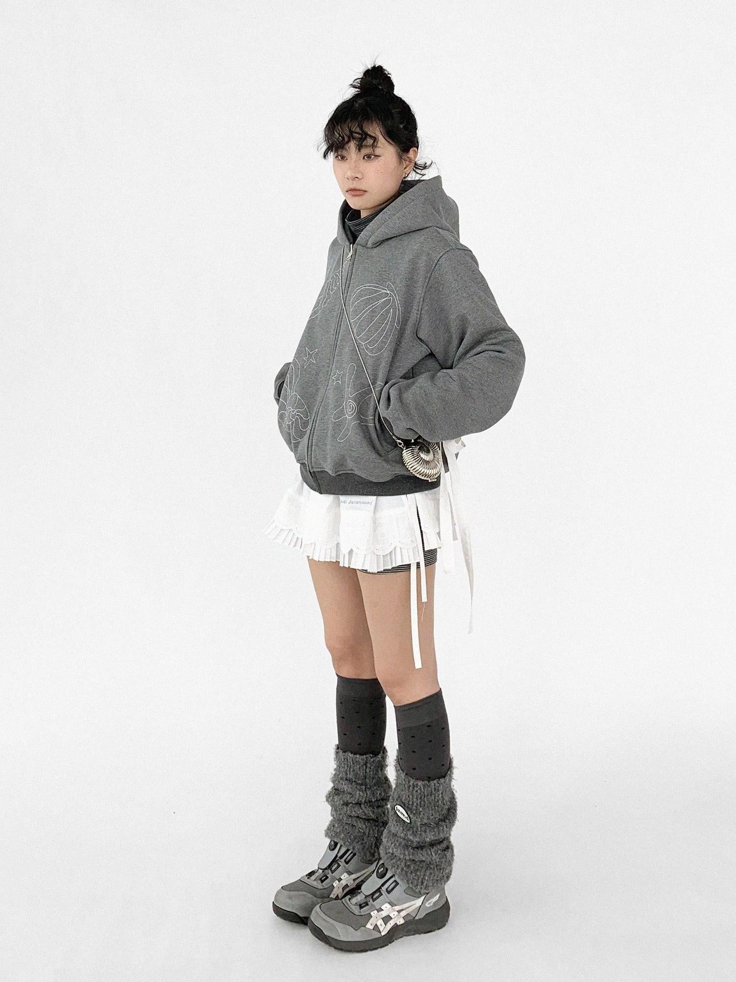 innomoood Pleated Skirt With Bear Embroidery And Dot Mesh Overlay