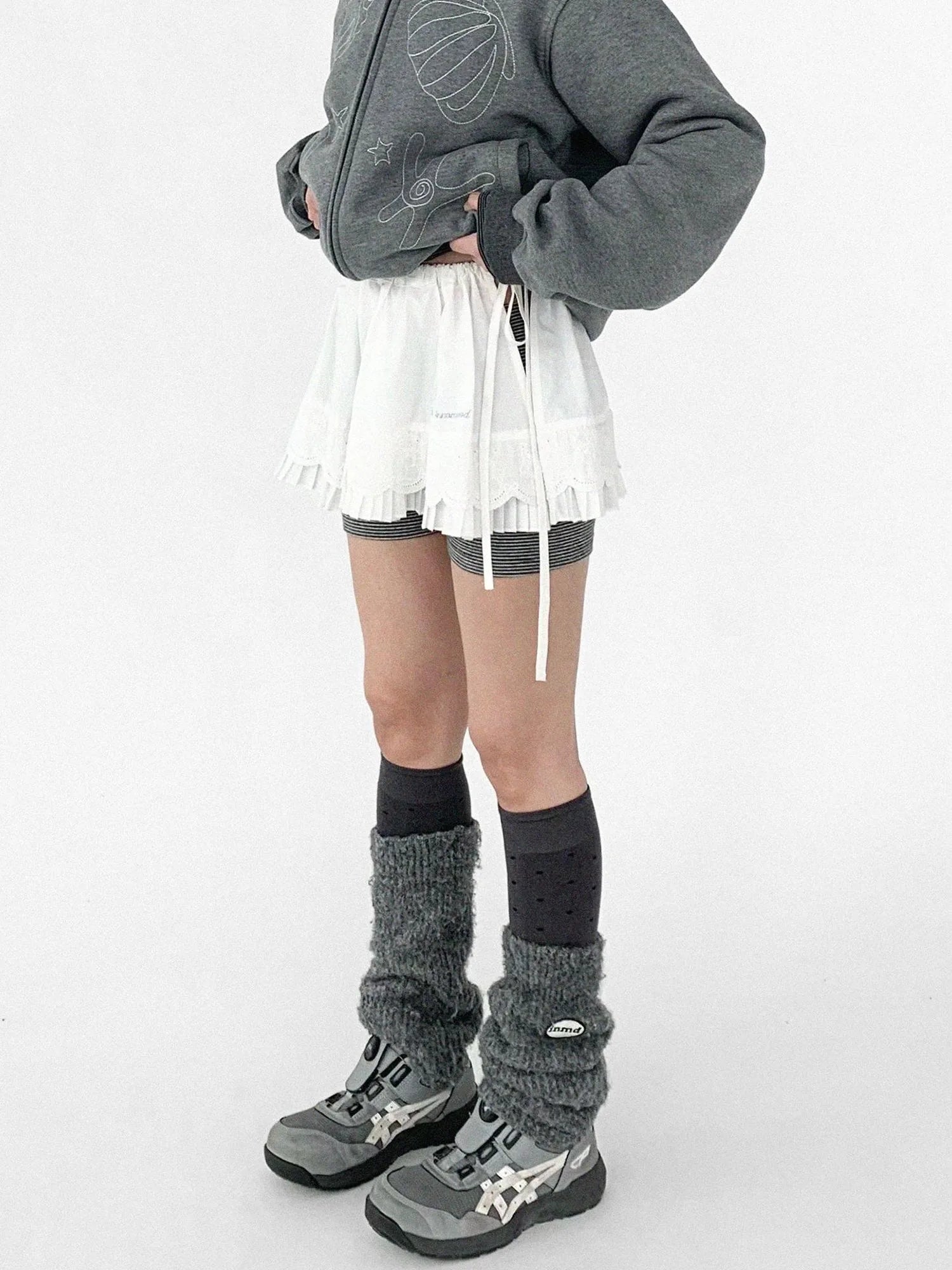 Pleated Skirt With Bear Embroidery And Dot Mesh Overlay