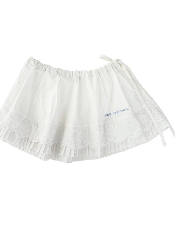 Pleated Skirt With Bear Embroidery And Dot Mesh Overlay