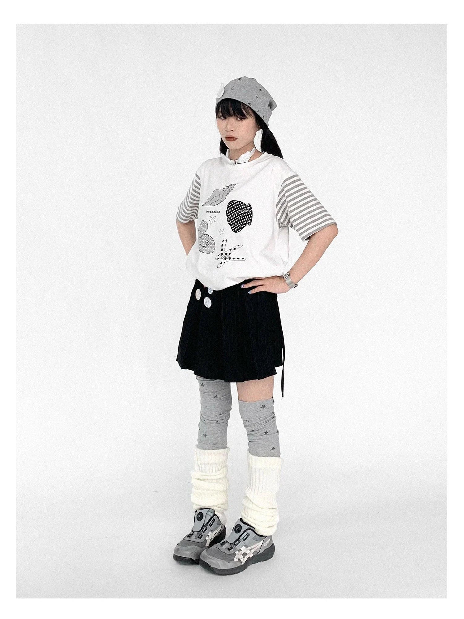 Pleated Stripe Wrap Skirt With Detachable Layering Panel