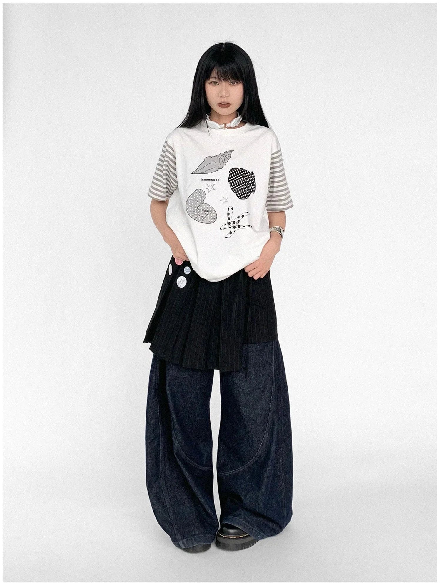 Pleated Stripe Wrap Skirt With Detachable Layering Panel