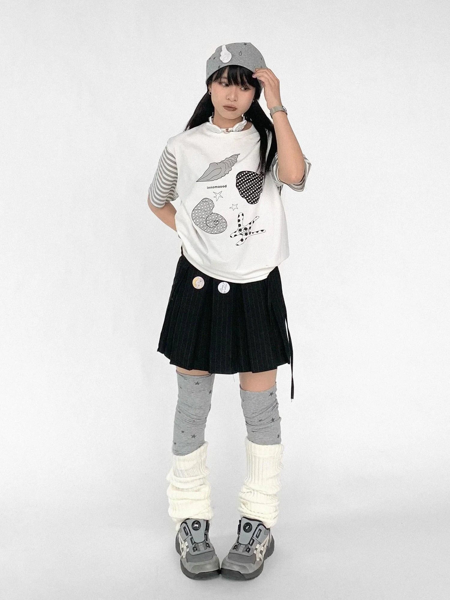 Pleated Stripe Wrap Skirt With Detachable Layering Panel