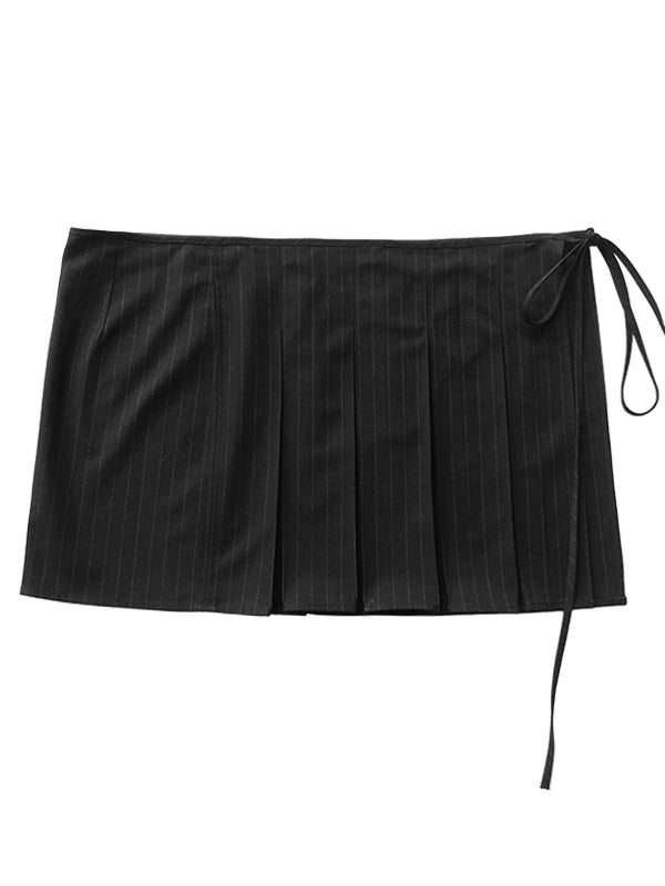 Pleated Stripe Wrap Skirt With Detachable Layering Panel