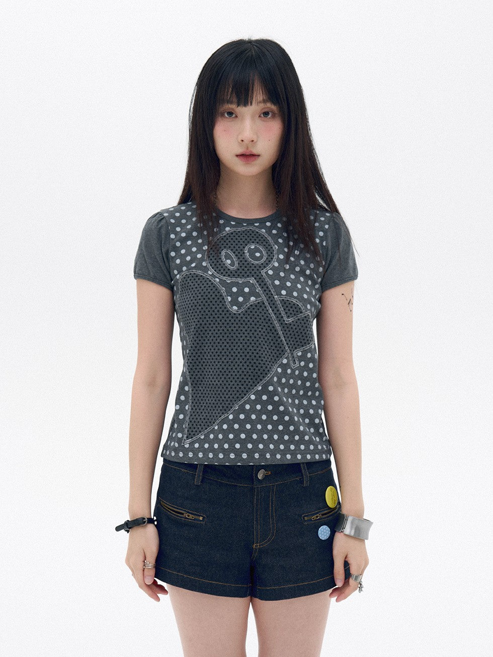 innomoood Polka Dot Heart Applique Puff Sleeve Women&