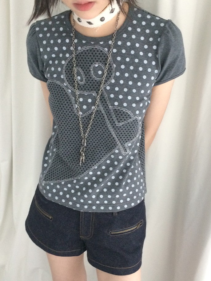 innomoood Polka Dot Heart Applique Puff Sleeve Women&