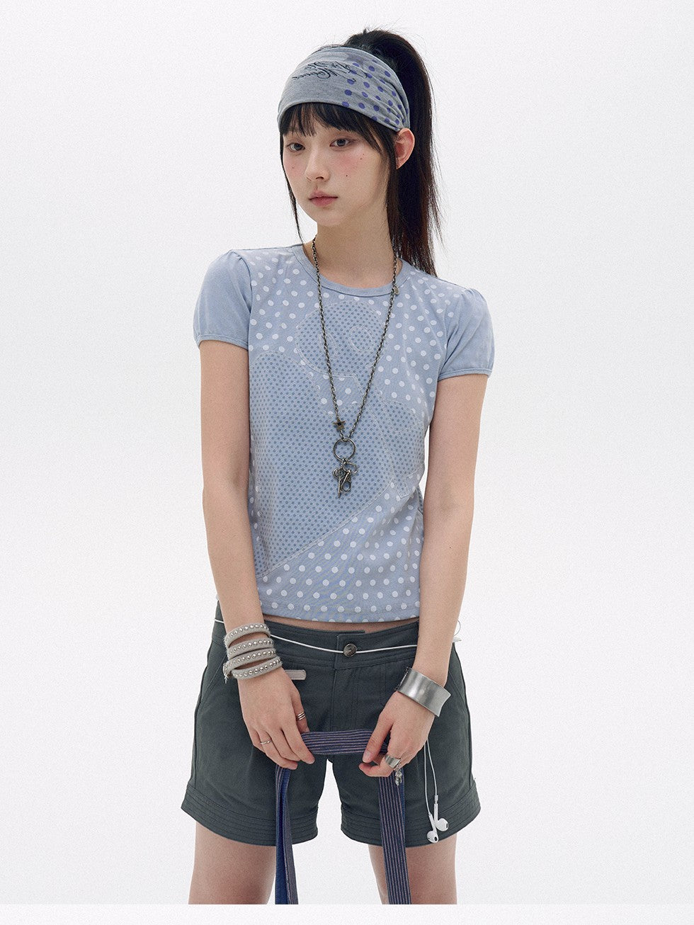 innomoood Polka Dot Heart Applique Puff Sleeve Women&