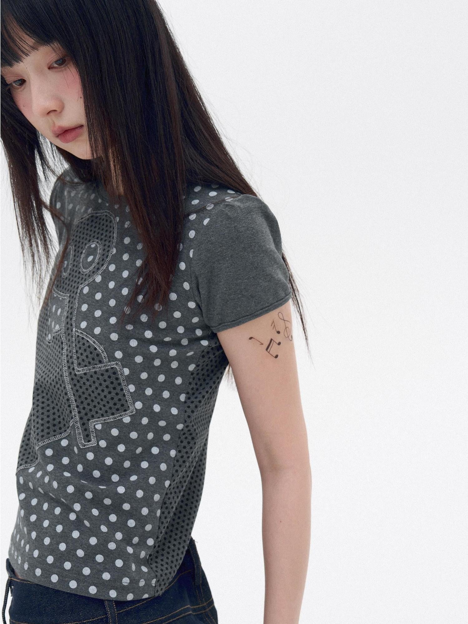innomoood Polka Dot Heart Applique Puff Sleeve Women&