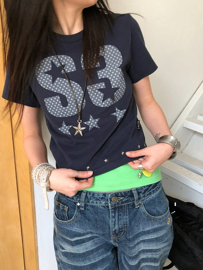 innomoood Polka Dot Print Metal Star Letter Graphic Women&