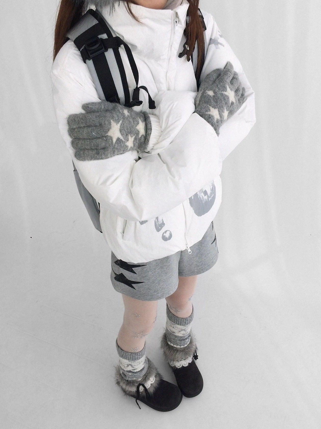 innomoood Polyester Filled Loose Cartoon Stand Collar Women Nylon Snow White Puffer Jacket