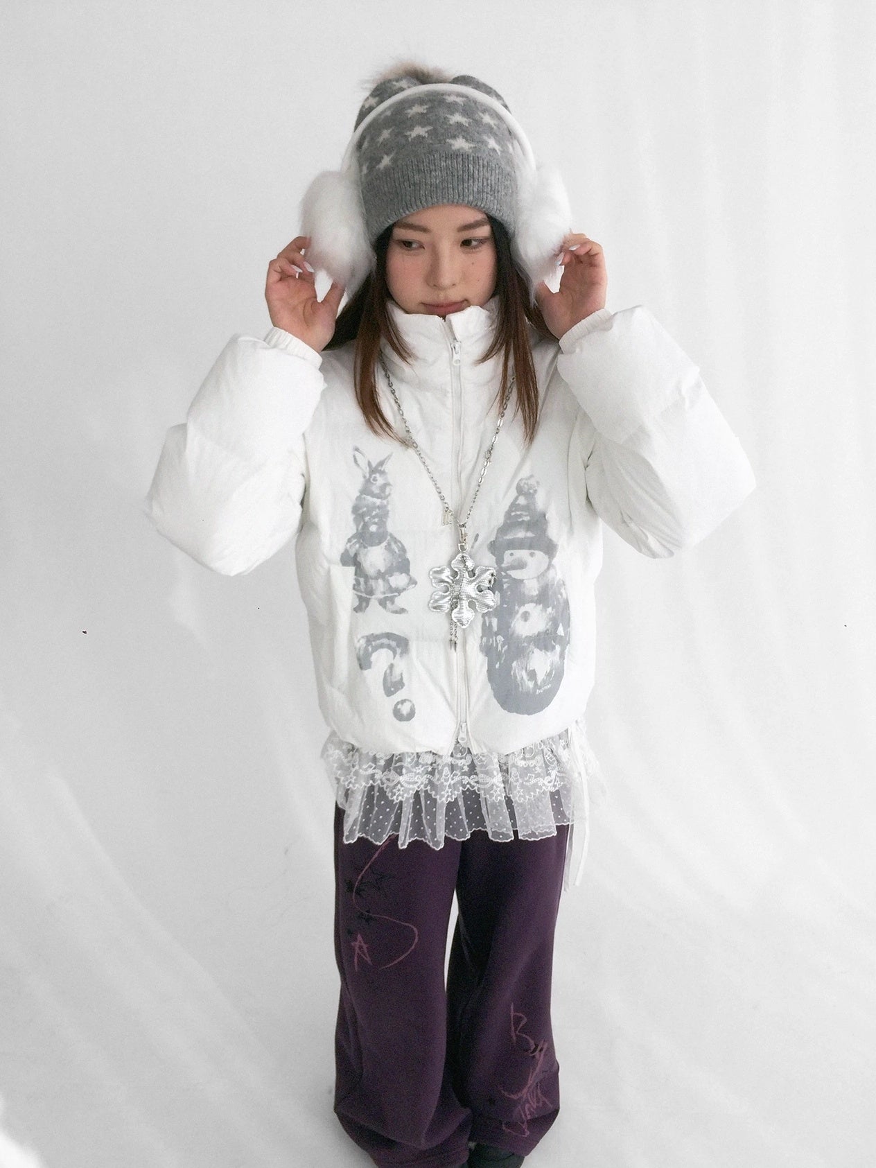 innomoood Polyester Filled Loose Cartoon Stand Collar Women Nylon Snow White Puffer Jacket