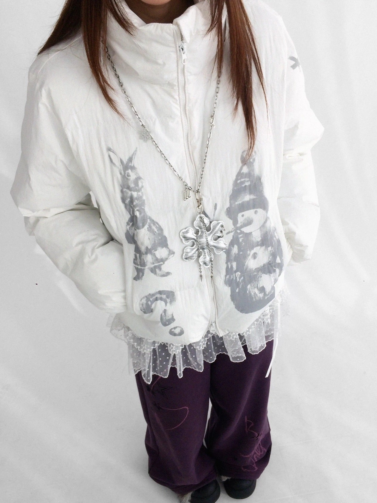 innomoood Polyester Filled Loose Cartoon Stand Collar Women Nylon Snow White Puffer Jacket