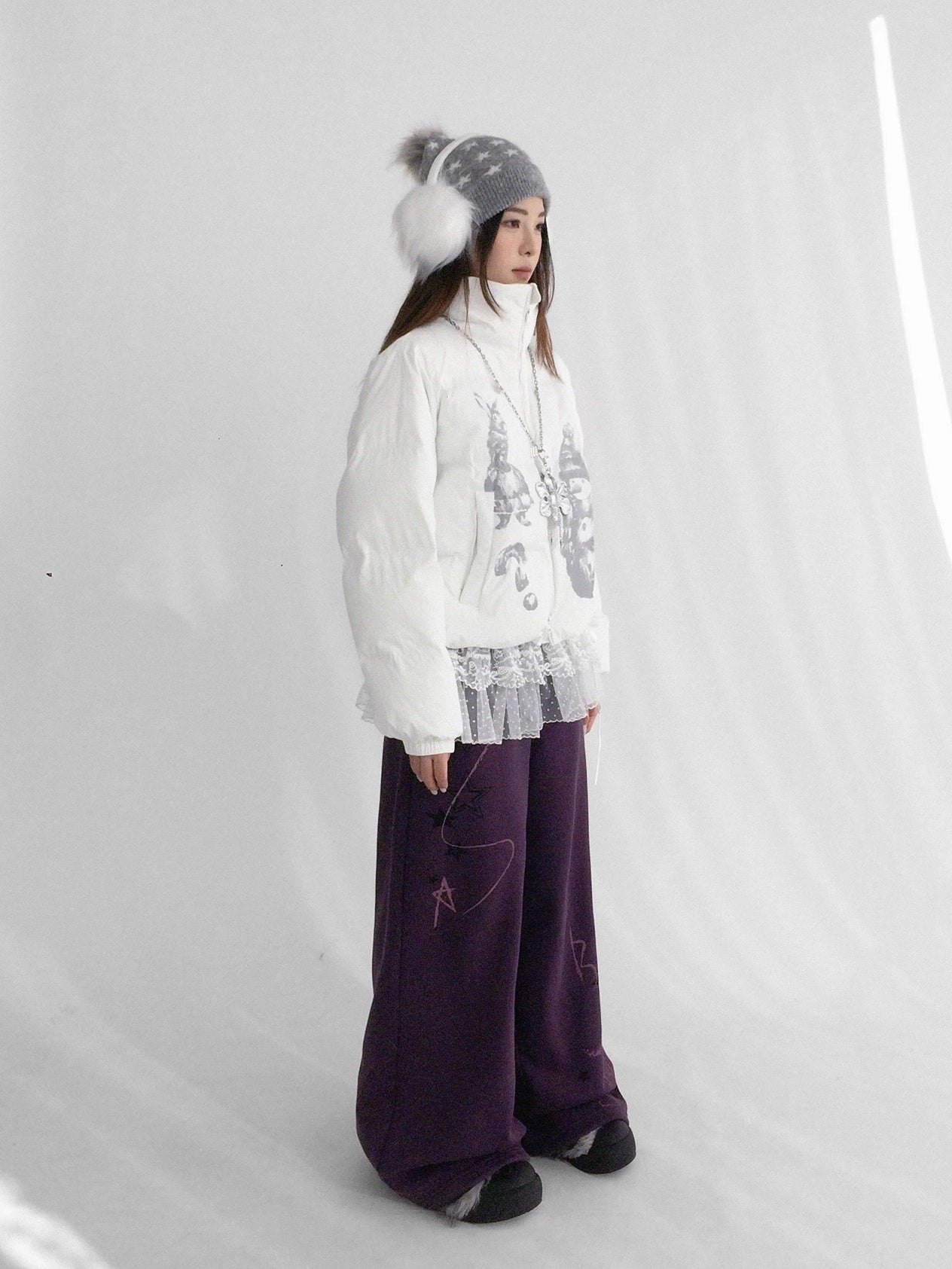 innomoood Polyester Filled Loose Cartoon Stand Collar Women Nylon Snow White Puffer Jacket