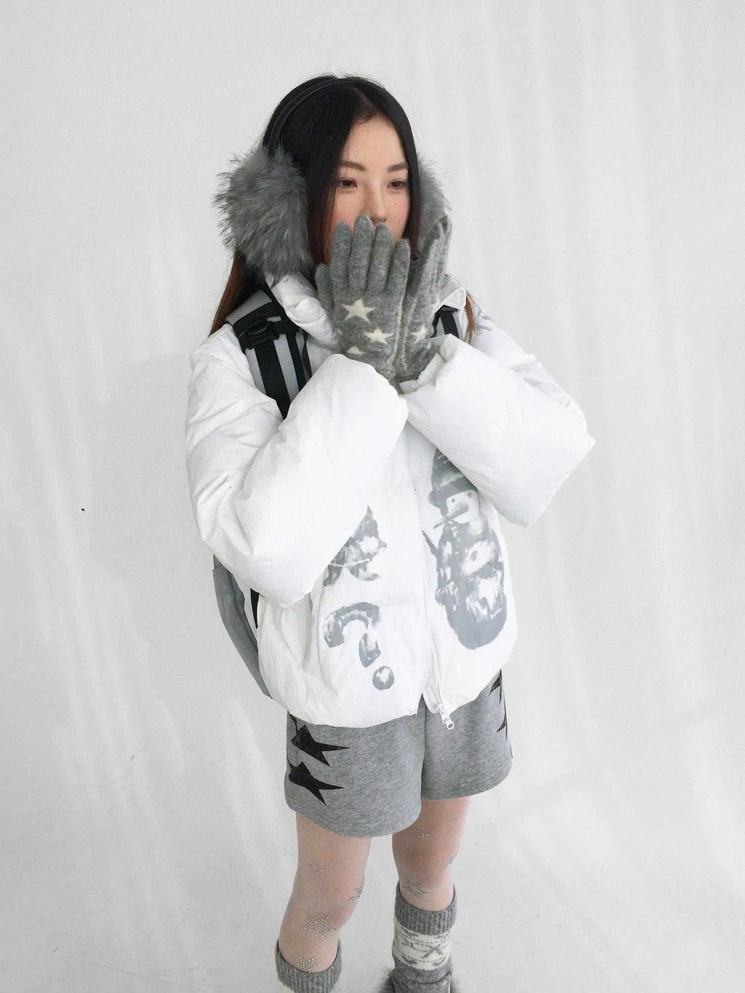 innomoood Polyester Filled Loose Cartoon Stand Collar Women Nylon Snow White Puffer Jacket