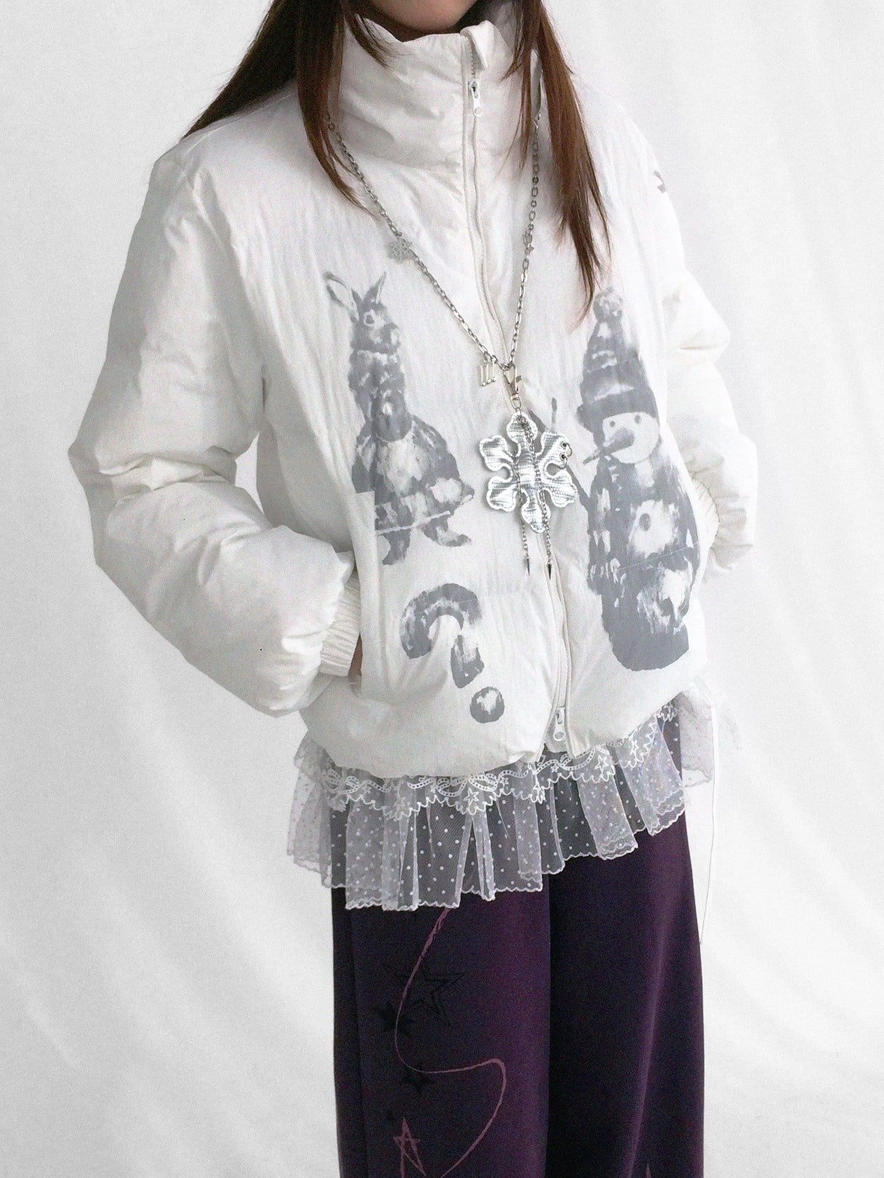 innomoood Polyester Filled Loose Cartoon Stand Collar Women Nylon Snow White Puffer Jacket