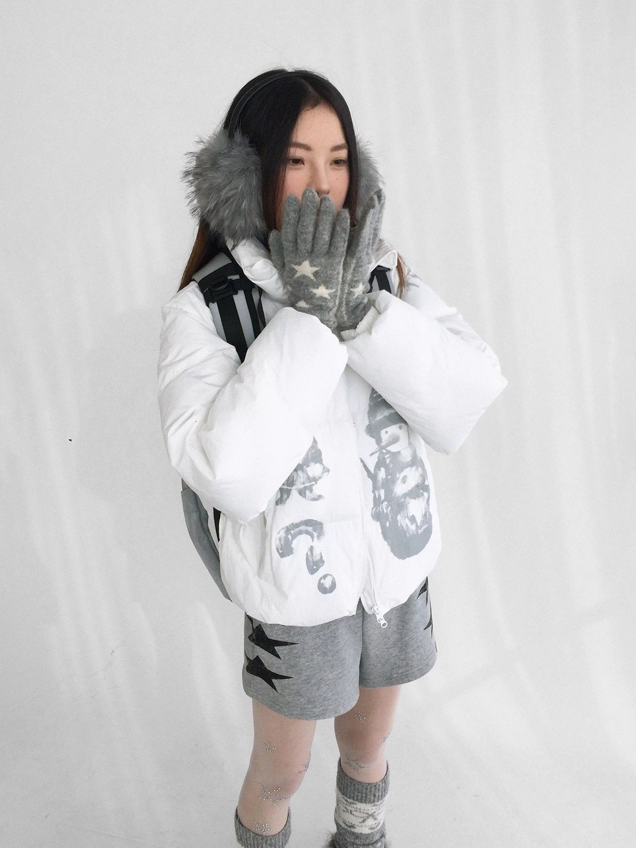 innomoood Polyester Filled Loose Cartoon Stand Collar Women Nylon Snow White Puffer Jacket