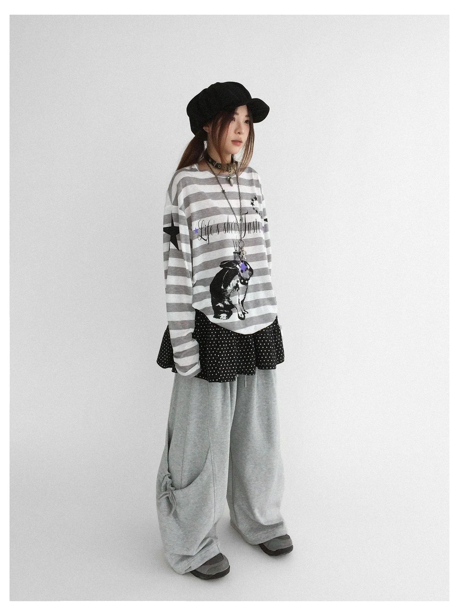 Rabbit Birthday Print Striped Tencel Long Sleeve Tee