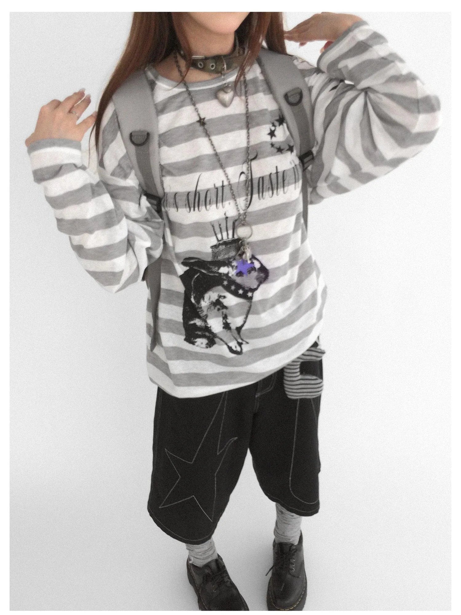 Rabbit Birthday Print Striped Tencel Long Sleeve Tee