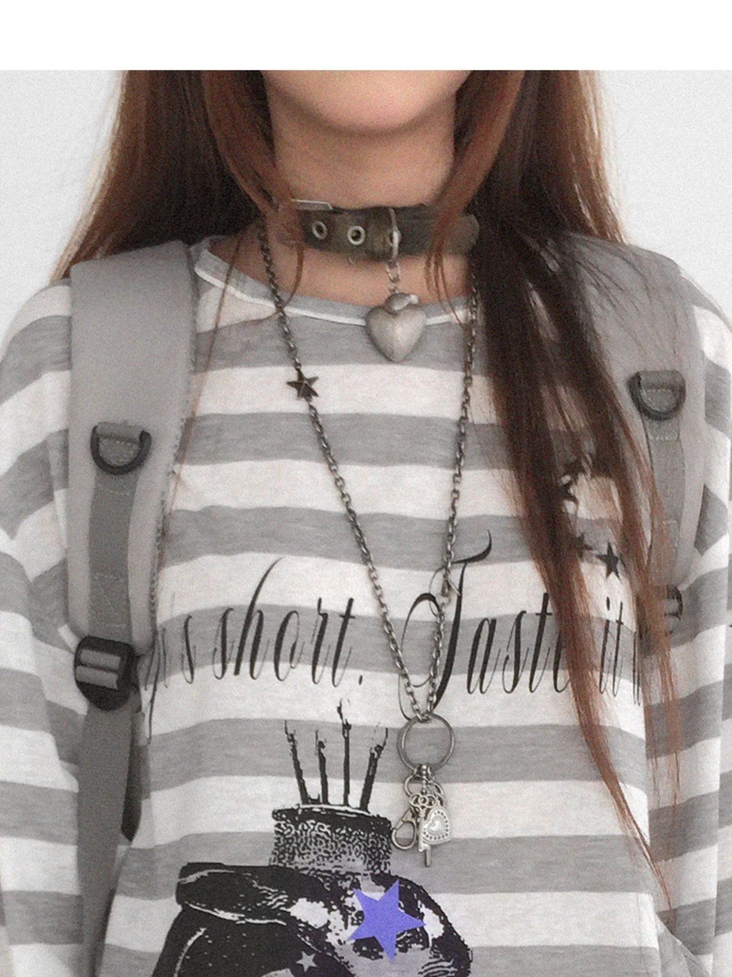 Rabbit Birthday Print Striped Tencel Long Sleeve Tee