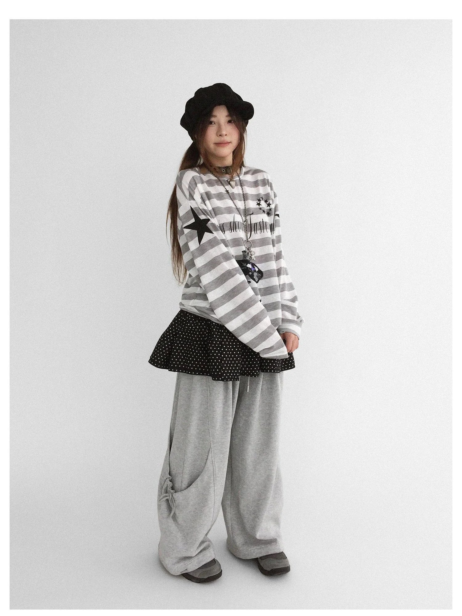 Rabbit Birthday Print Striped Tencel Long Sleeve Tee