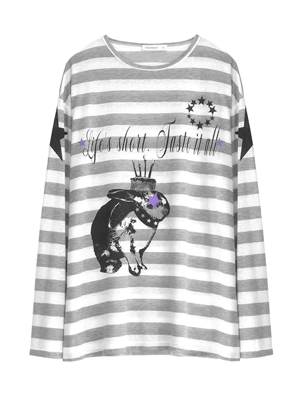Rabbit Birthday Print Striped Tencel Long Sleeve Tee