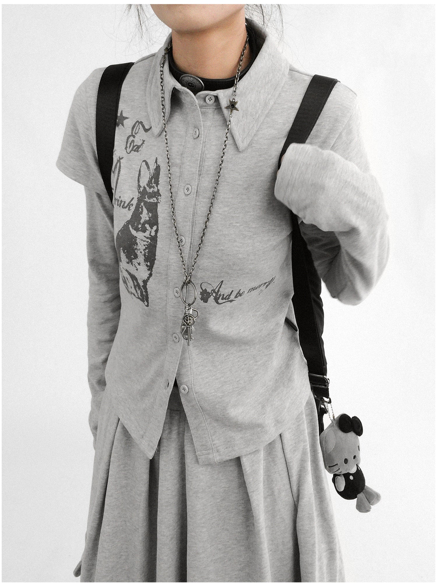 innomoood Rabbit Print Collared Knit T-shirt Dress